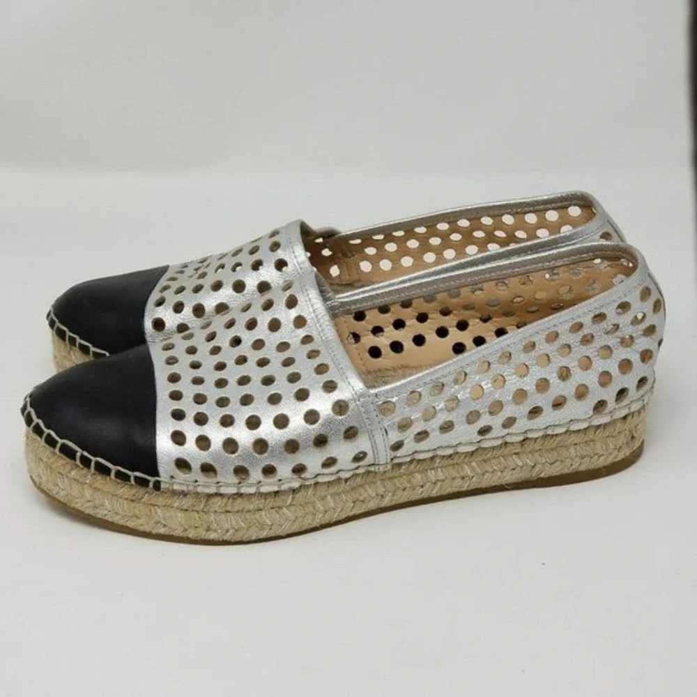 Loeffler Randall Metallic Perforated Platform Espadrille Slip On Shoes Size 8.5